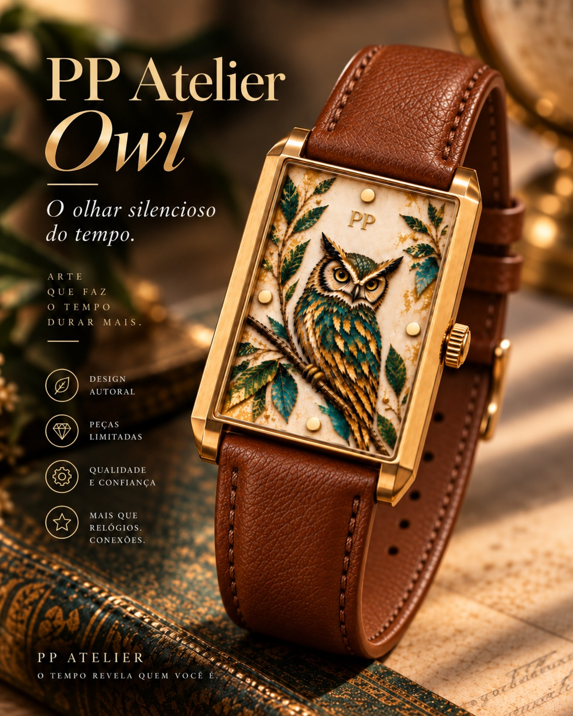 PP Atelier Owl com pulseira caramelo em couro genuíno.