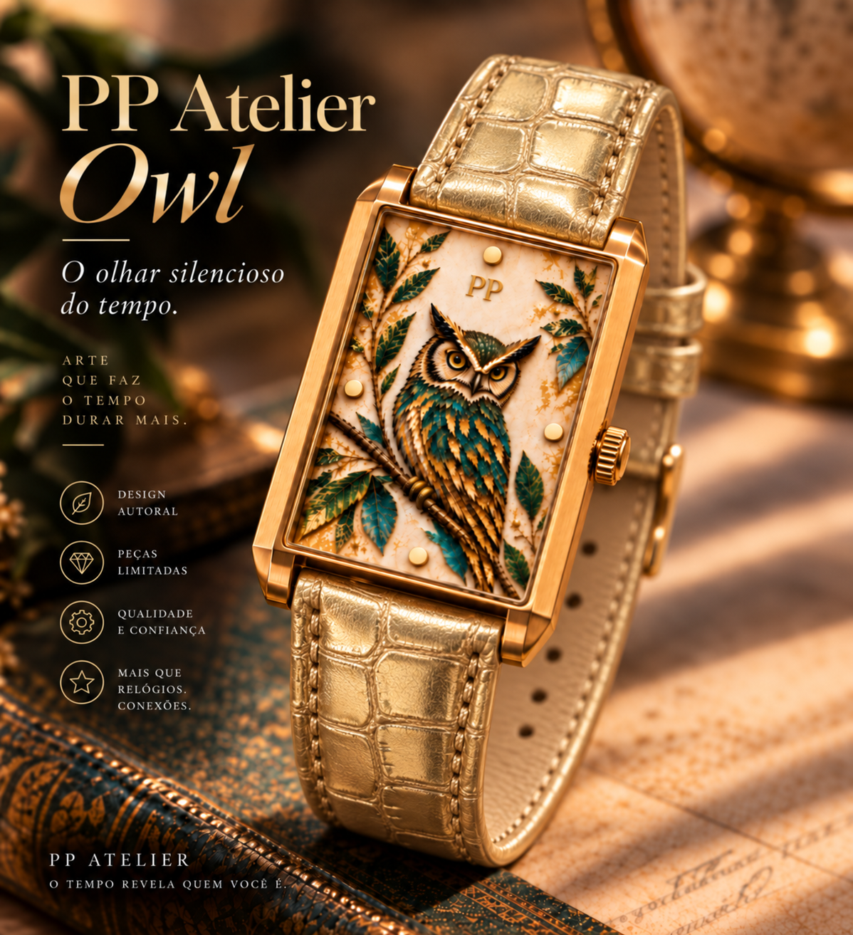 PP Atelier Owl com pulseira dourada em PU premium.