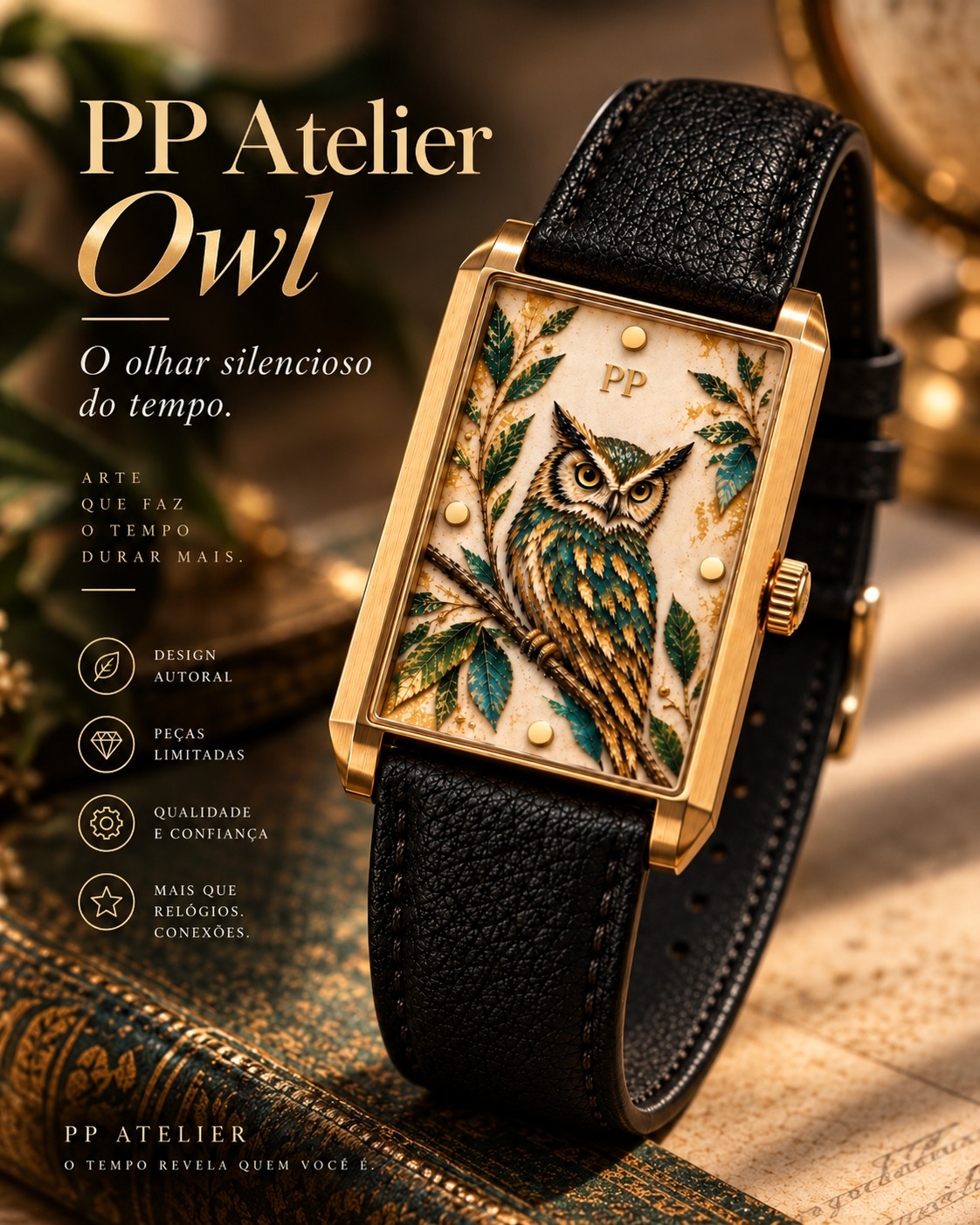 PP Atelier Owl com pulseira preta em couro genuíno.
