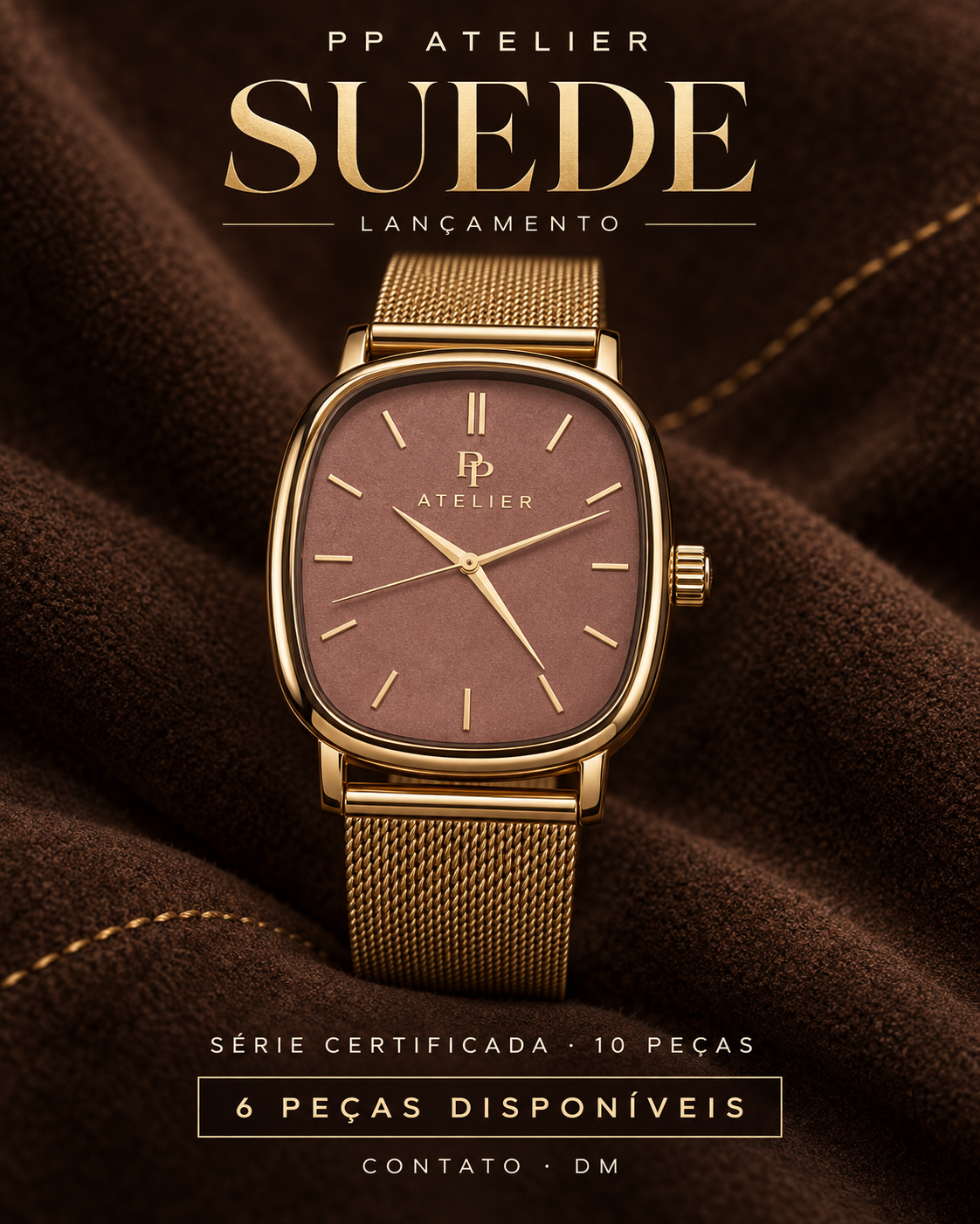 PP Atelier Suede em campanha de lançamento, com mostrador rosado, caixa dourada e pulseira milanesa dourada.